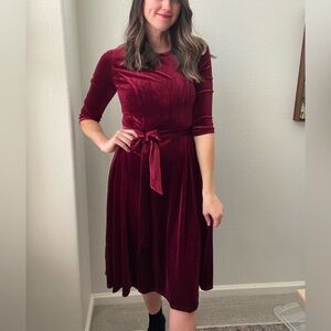 Dresstells Elegant Velvet Midi Dress in Rich Burgundy Tea Length
